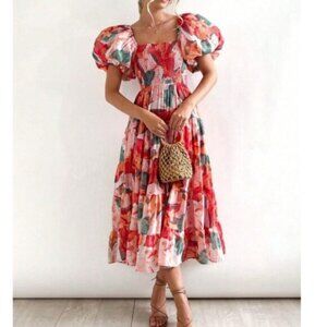 Boho Floral Print Shirred Puff Sleeve Dress